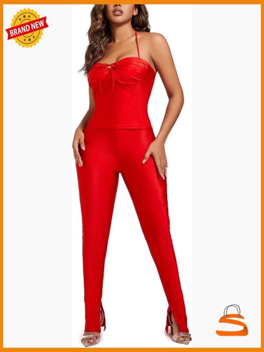 Shiny 2 Piece Outfit Halter Crop Top & High Waist Split Pants Set